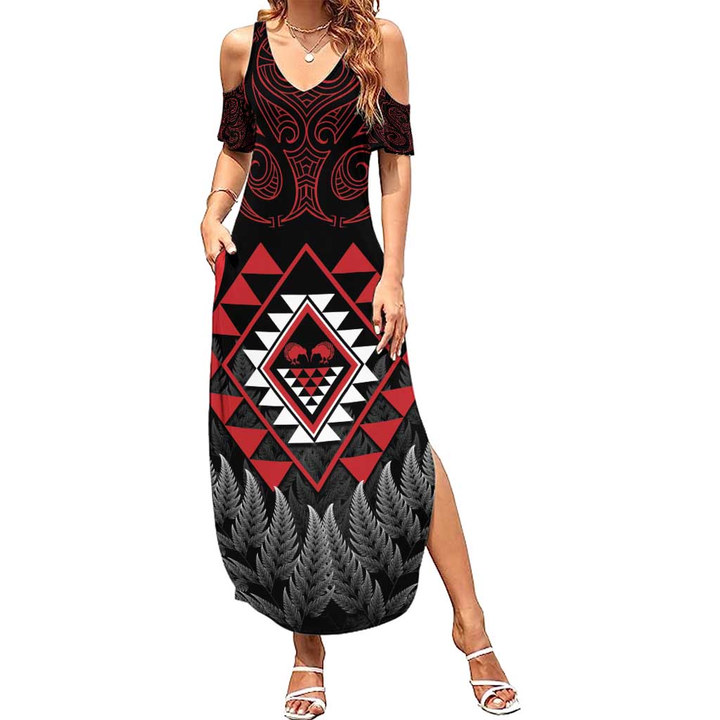 Aotearoa Kiwi Taniko Summer Maxi Dress Silver Fern With Maori Koru Pattern LT14 Women Red - Polynesian Pride