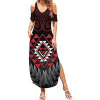 Aotearoa Kiwi Taniko Summer Maxi Dress Silver Fern With Maori Koru Pattern LT14 Women Red - Polynesian Pride