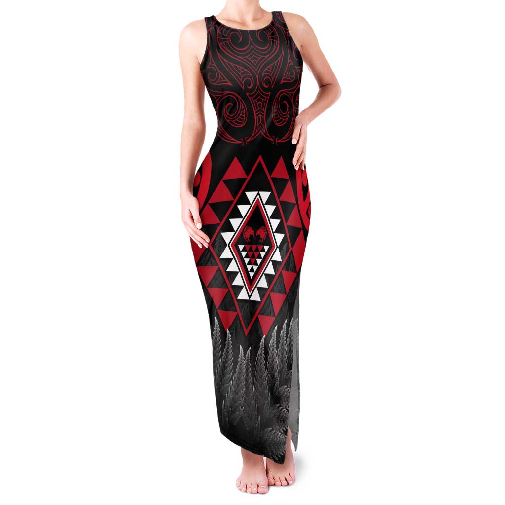 Aotearoa Kiwi Taniko Tank Maxi Dress Silver Fern With Maori Koru Pattern LT14 Women Red - Polynesian Pride