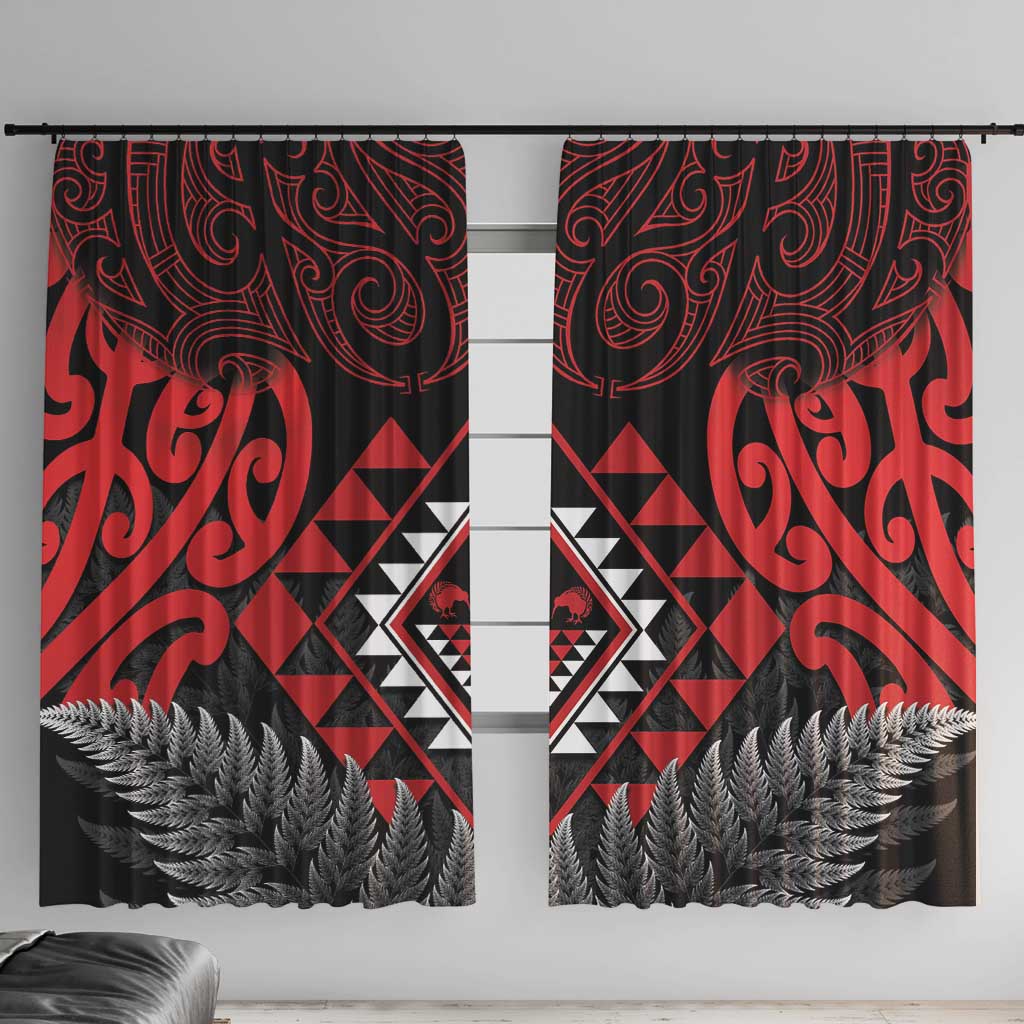 Aotearoa Kiwi Taniko Window Curtain Silver Fern With Maori Koru Pattern LT14 With Hooks Red - Polynesian Pride