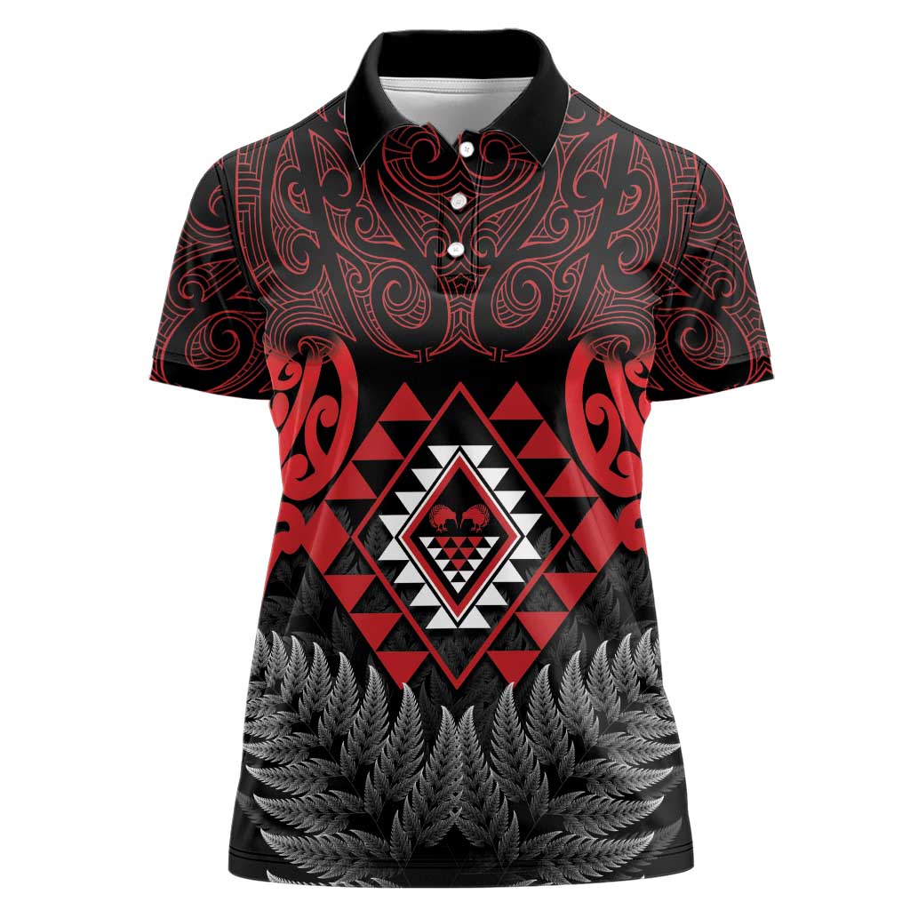 Aotearoa Kiwi Taniko Women Polo Shirt Silver Fern With Maori Koru Pattern