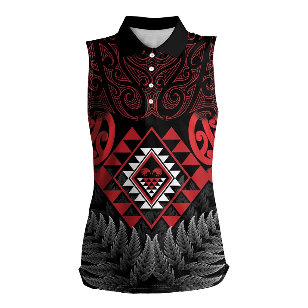 Aotearoa Kiwi Taniko Women Sleeveless Polo Shirt Silver Fern With Maori Koru Pattern