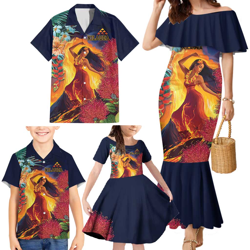 Hawaii Kilauea Big Islands Family Matching Mermaid Dress and Hawaiian Shirt Pele Goddess With Tropical Flowers