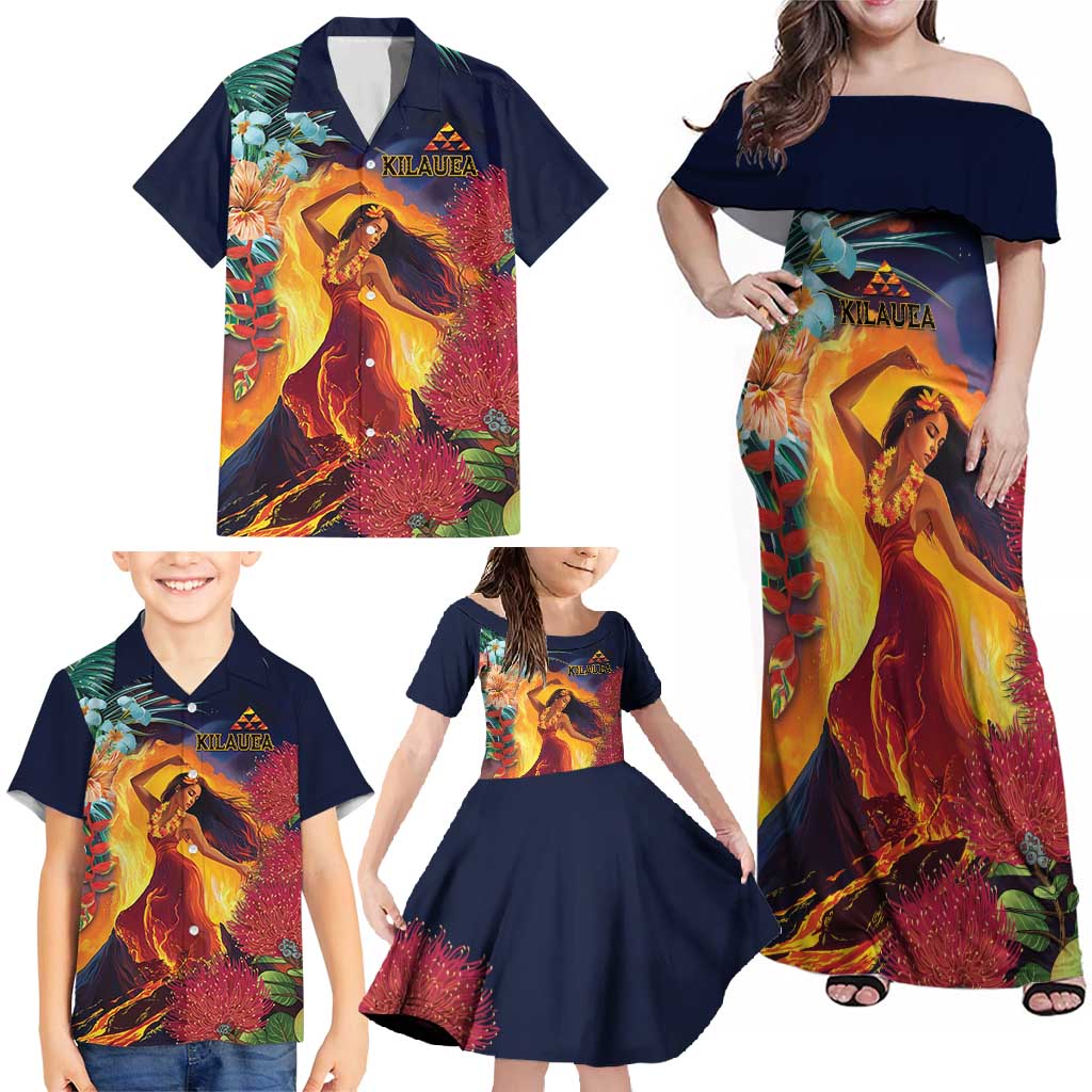 Hawaii Kilauea Big Islands Family Matching Off Shoulder Maxi Dress and Hawaiian Shirt Pele Goddess With Tropical Flowers