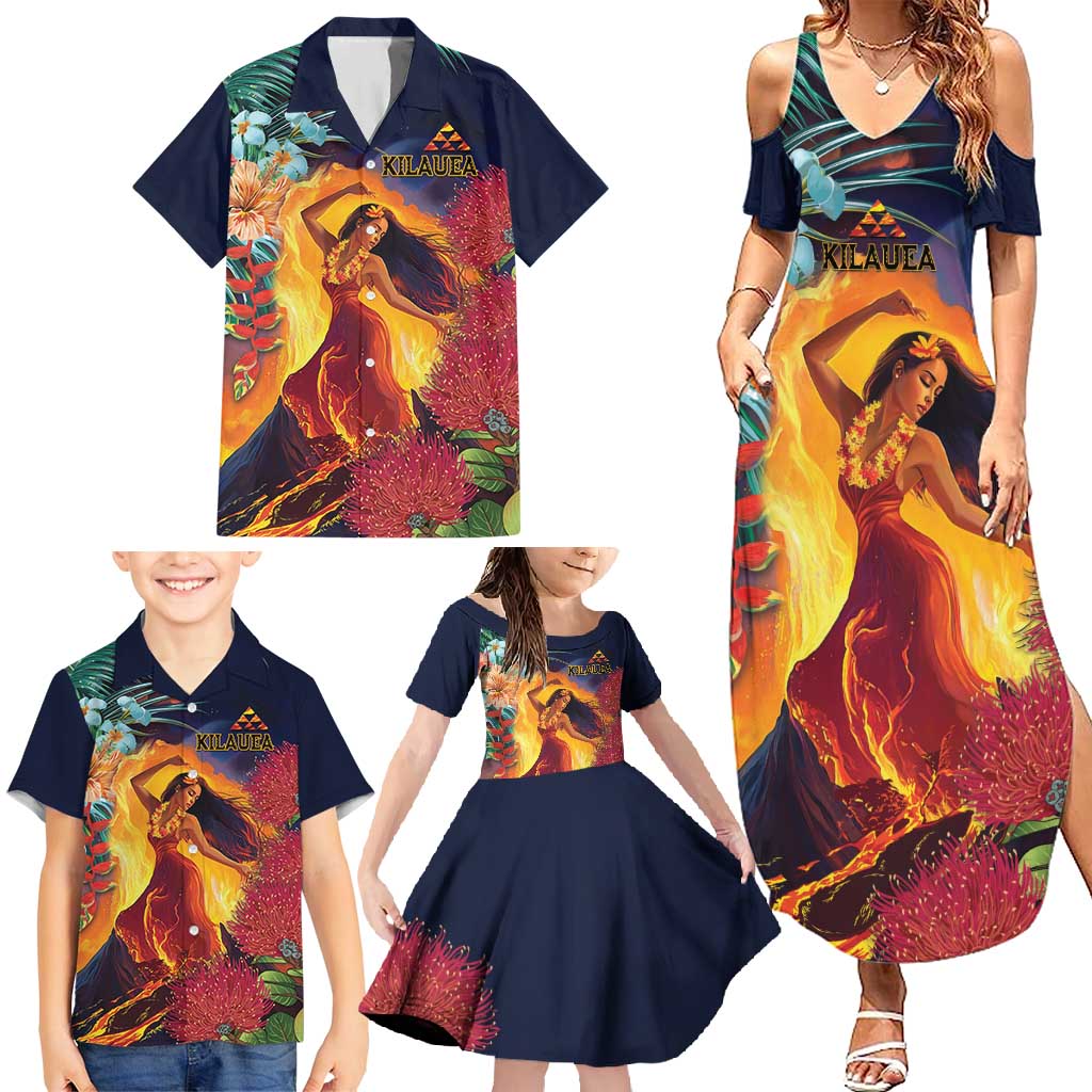 Hawaii Kilauea Big Islands Family Matching Summer Maxi Dress and Hawaiian Shirt Pele Goddess With Tropical Flowers