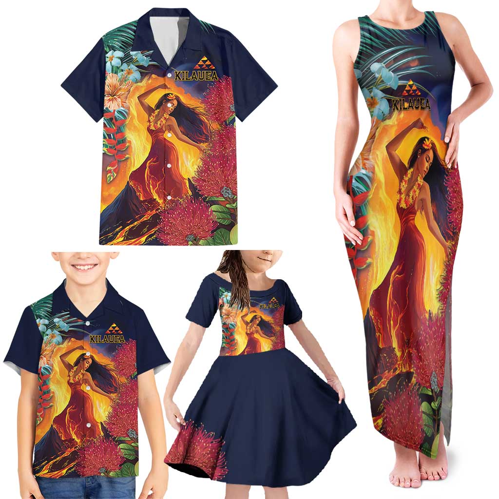 Hawaii Kilauea Big Islands Family Matching Tank Maxi Dress and Hawaiian Shirt Pele Goddess With Tropical Flowers