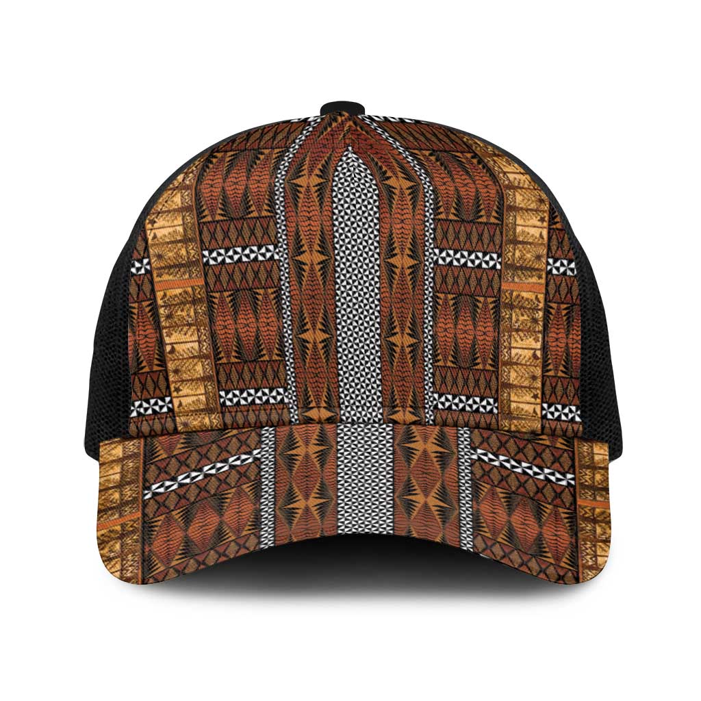 Malo e Lelei Tonga Baseball Net Cap Tongan Ngatu Tapa Cloth LT14 One Size Black Orange - Polynesian Pride