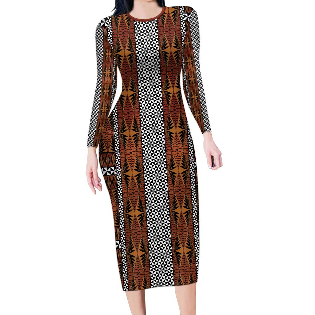 Malo e Lelei Tonga Long Sleeve Bodycon Dress Tongan Ngatu Tapa Cloth LT14 Long Dress Orange - Polynesian Pride