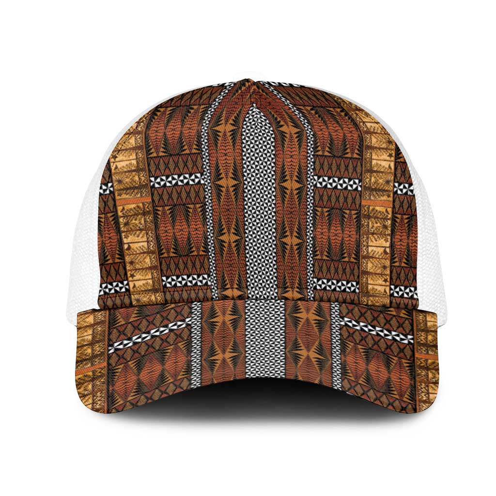 Malo e Lelei Tonga Mesh Trucker Cap Tongan Ngatu Tapa Cloth LT14 One Size White Orange - Polynesian Pride