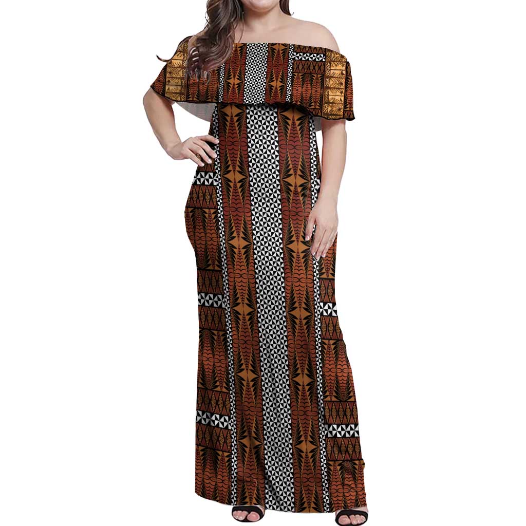 Malo e Lelei Tonga Off Shoulder Maxi Dress Tongan Ngatu Tapa Cloth LT14 Women Orange - Polynesian Pride