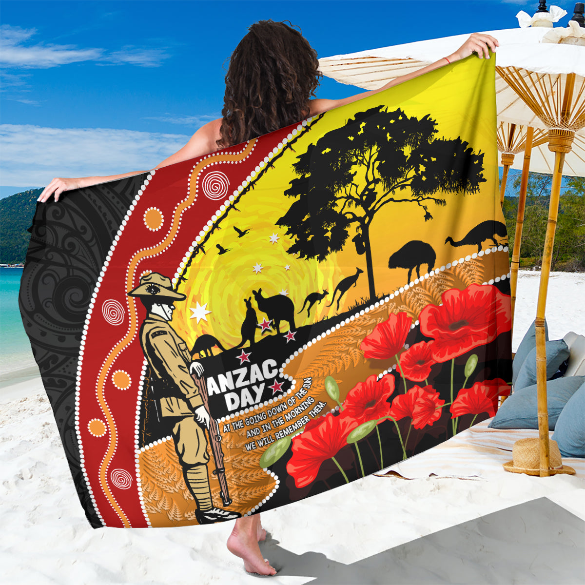New Zealand And Australia ANZAC Day Sarong Aboriginal Maori Starring Night Style LT14 One Size 44 x 66 inches Gold - Polynesian Pride