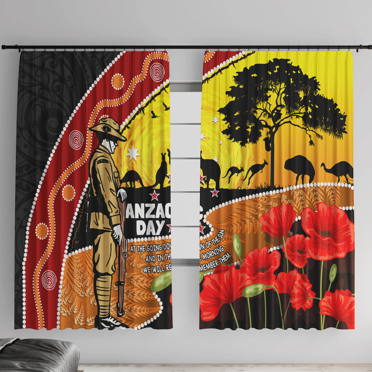 New Zealand And Australia ANZAC Day Window Curtain Aboriginal Maori Starring Night Style LT14 With Hooks Gold - Polynesian Pride