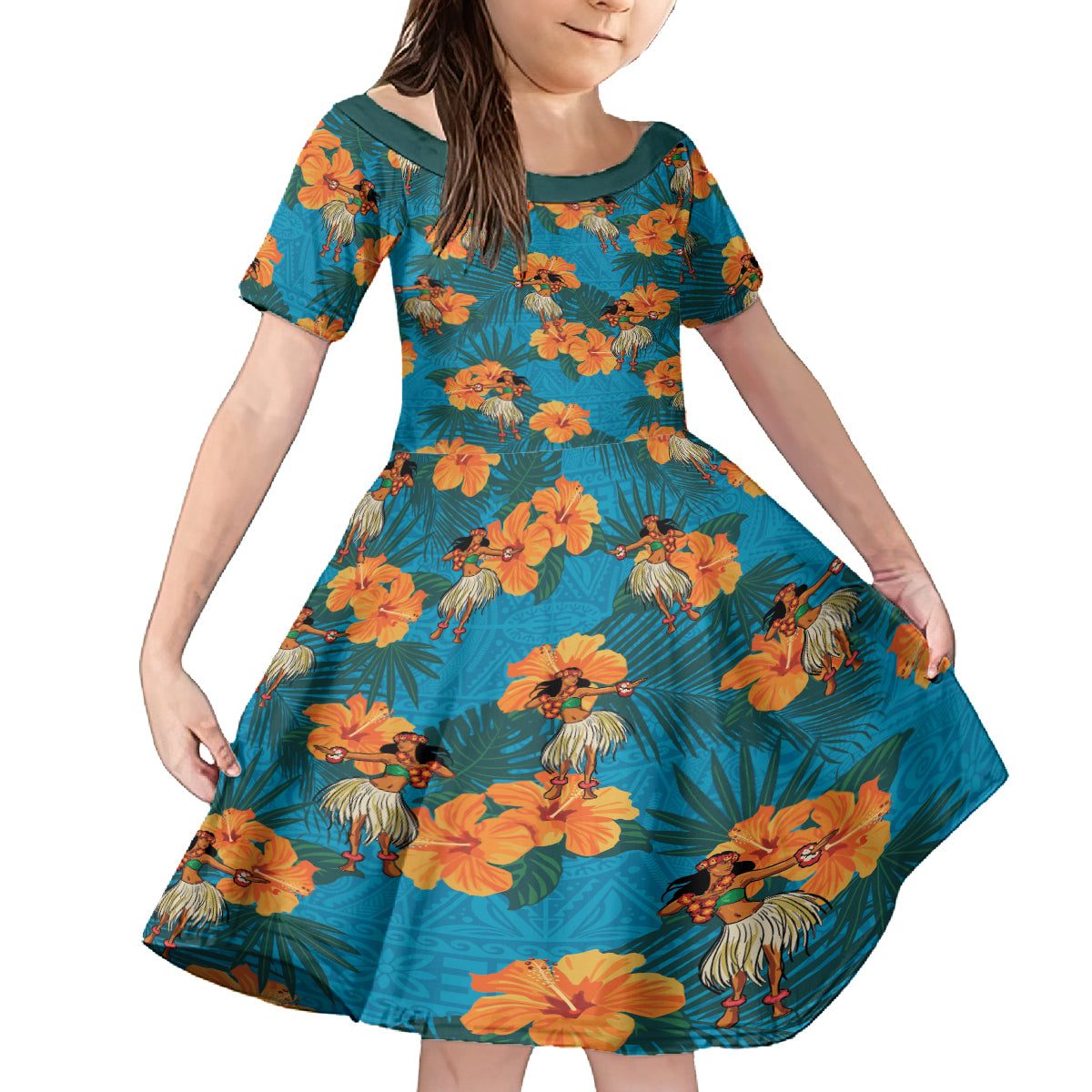 Hawaii Luau Party Kid Short Sleeve Dress Dancing Girl Tropical Flowers LT14 KID Blue - Polynesian Pride