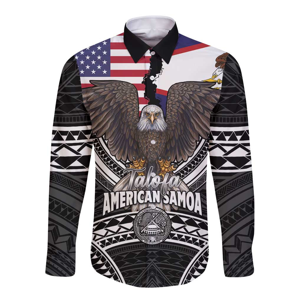 Talofa American Samoa Flag Day Long Sleeve Button Shirt Bald Eagle Polynesian Tattoo LT14 Unisex Black - Polynesian Pride