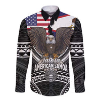 Talofa American Samoa Flag Day Long Sleeve Button Shirt Bald Eagle Polynesian Tattoo LT14 Unisex Black - Polynesian Pride