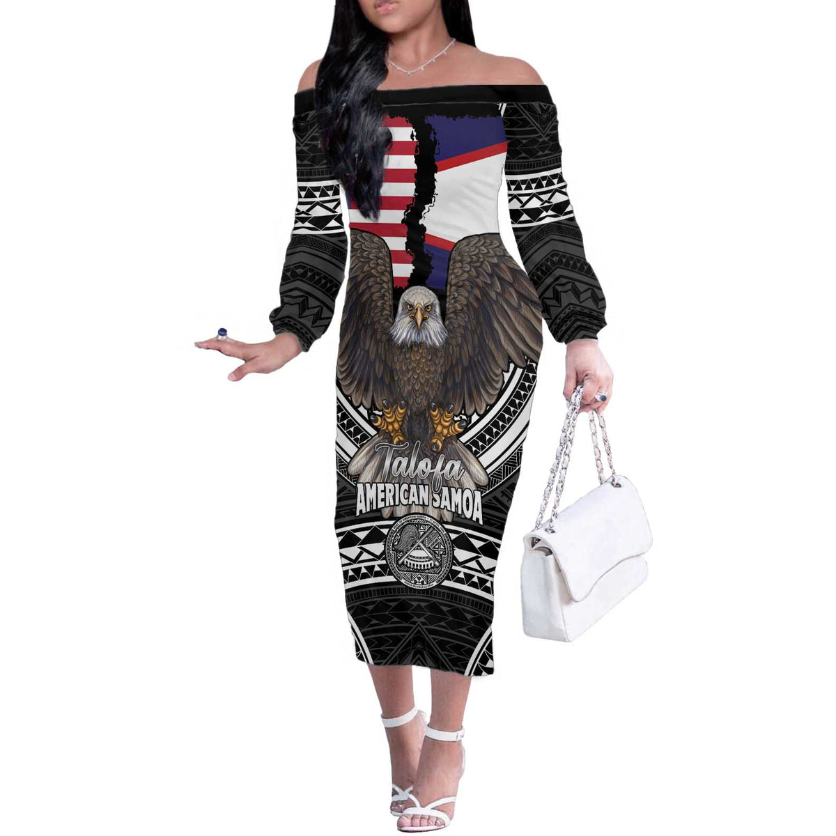 Talofa American Samoa Flag Day Off The Shoulder Long Sleeve Dress Bald Eagle Polynesian Tattoo LT14 Women Black - Polynesian Pride
