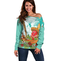 Hawaii Cinco de Mayo Off Shoulder Sweater Chili Pepper Hula Girl Tropical Vibes LT14 Women Turquoise - Polynesian Pride