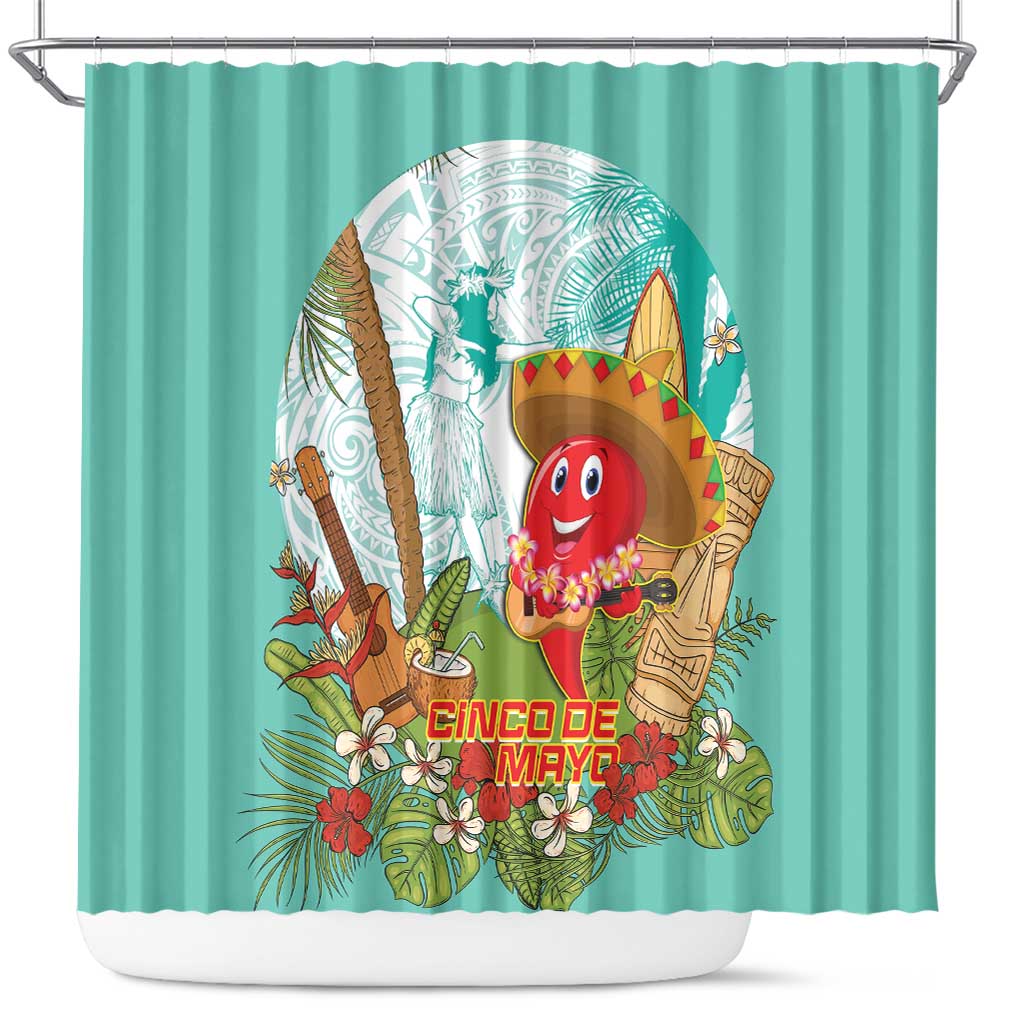 Hawaii Cinco de Mayo Shower Curtain Chili Pepper Hula Girl Tropical Vibes LT14 Turquoise - Polynesian Pride