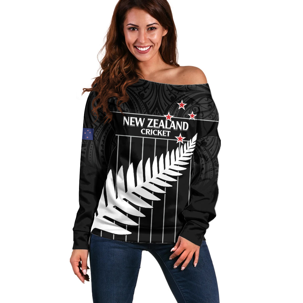 Custom New Zealand Silver Fern Cricket Off Shoulder Sweater Aotearoa Maori Go Black Cap LT14 Women Black - Polynesian Pride