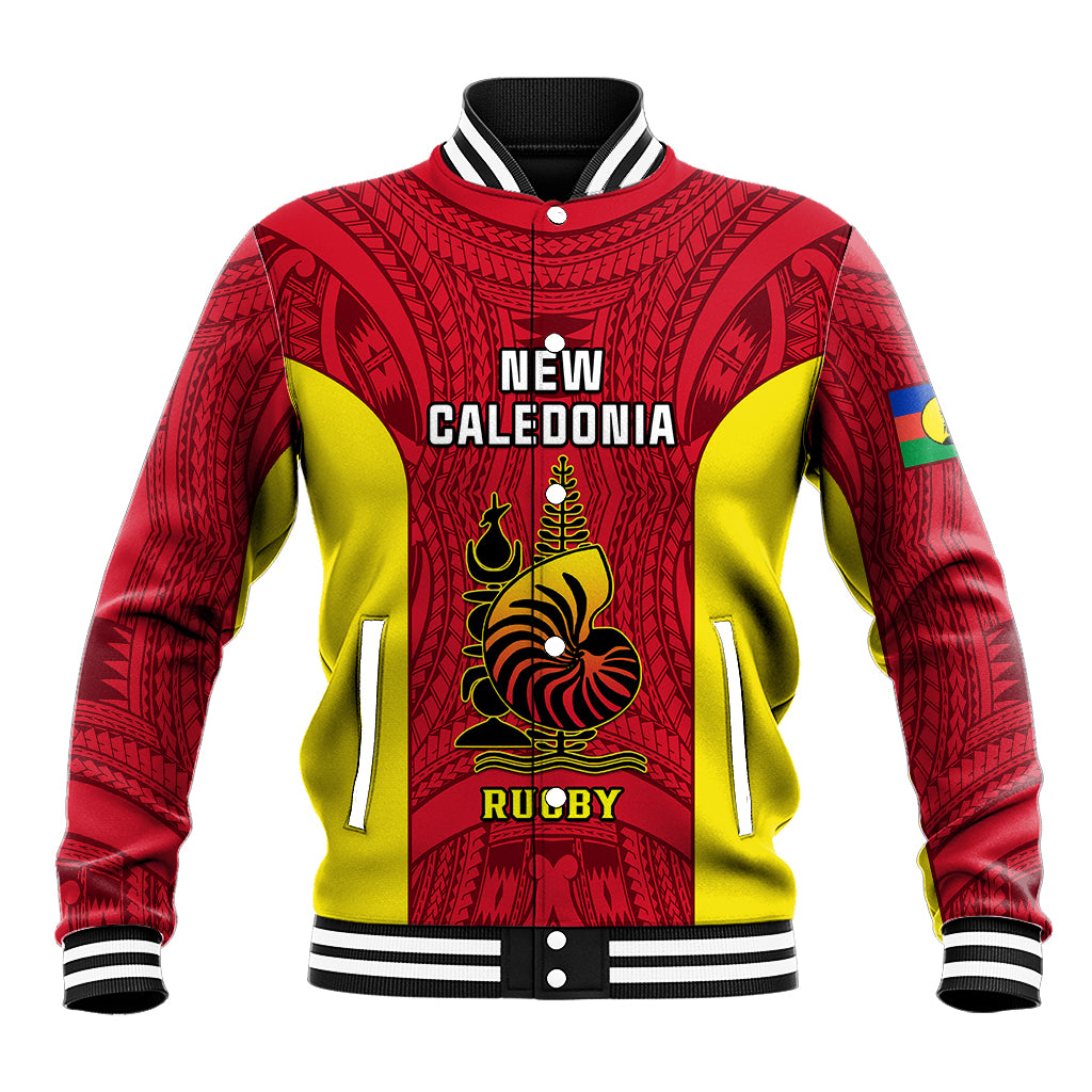 New Caledonia Rugby Baseball Jacket Coat Of Arms Mix Polynesian Pattern LT14 Unisex Red - Polynesian Pride