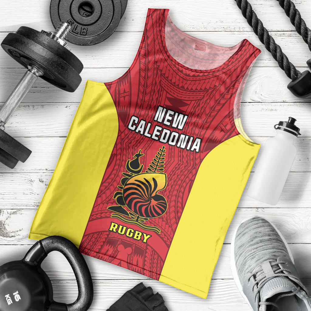 New Caledonia Rugby Men Tank Top Coat Of Arms Mix Polynesian Pattern LT14 Red - Polynesian Pride