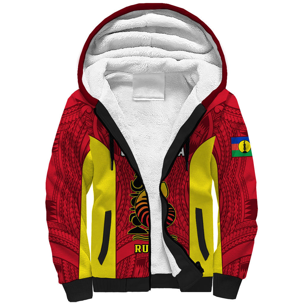 New Caledonia Rugby Sherpa Hoodie Coat Of Arms Mix Polynesian Pattern LT14 Unisex Red - Polynesian Pride