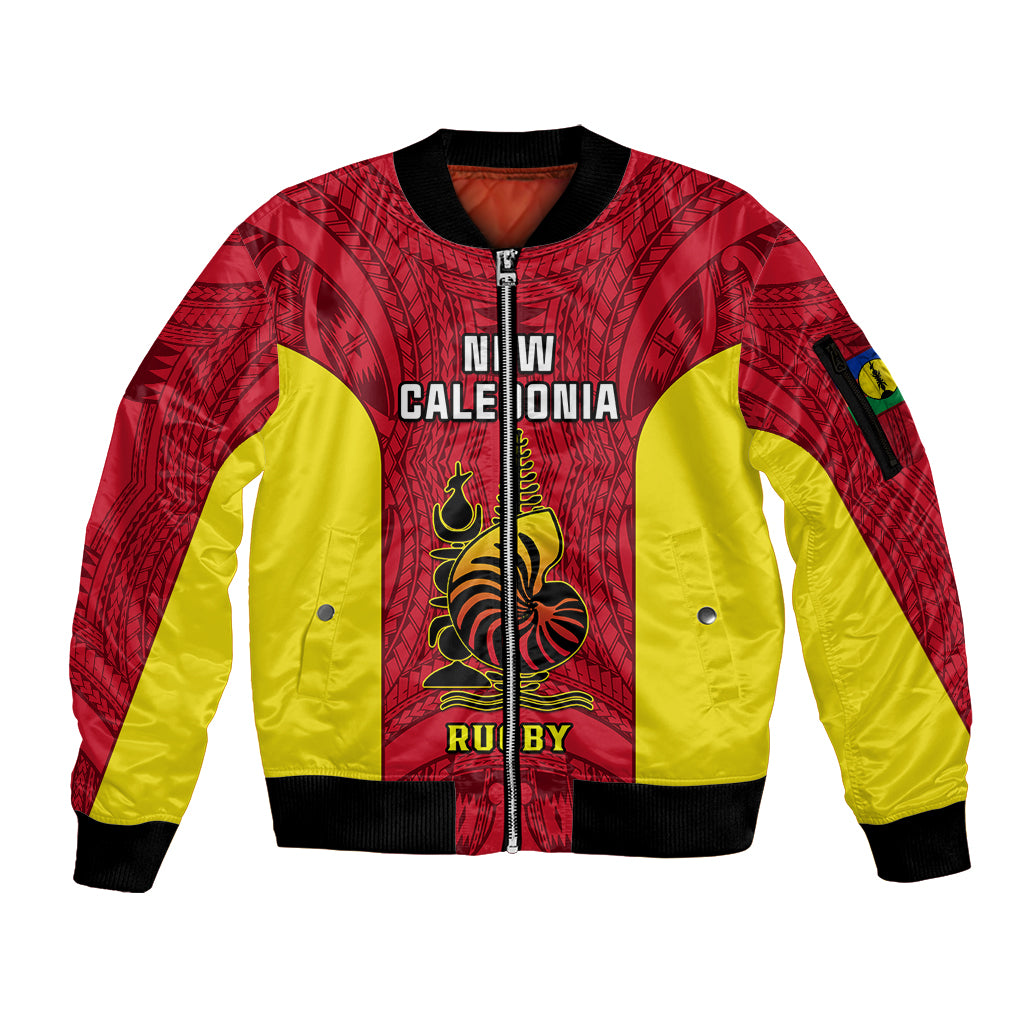 New Caledonia Rugby Sleeve Zip Bomber Jacket Coat Of Arms Mix Polynesian Pattern LT14 Unisex Red - Polynesian Pride