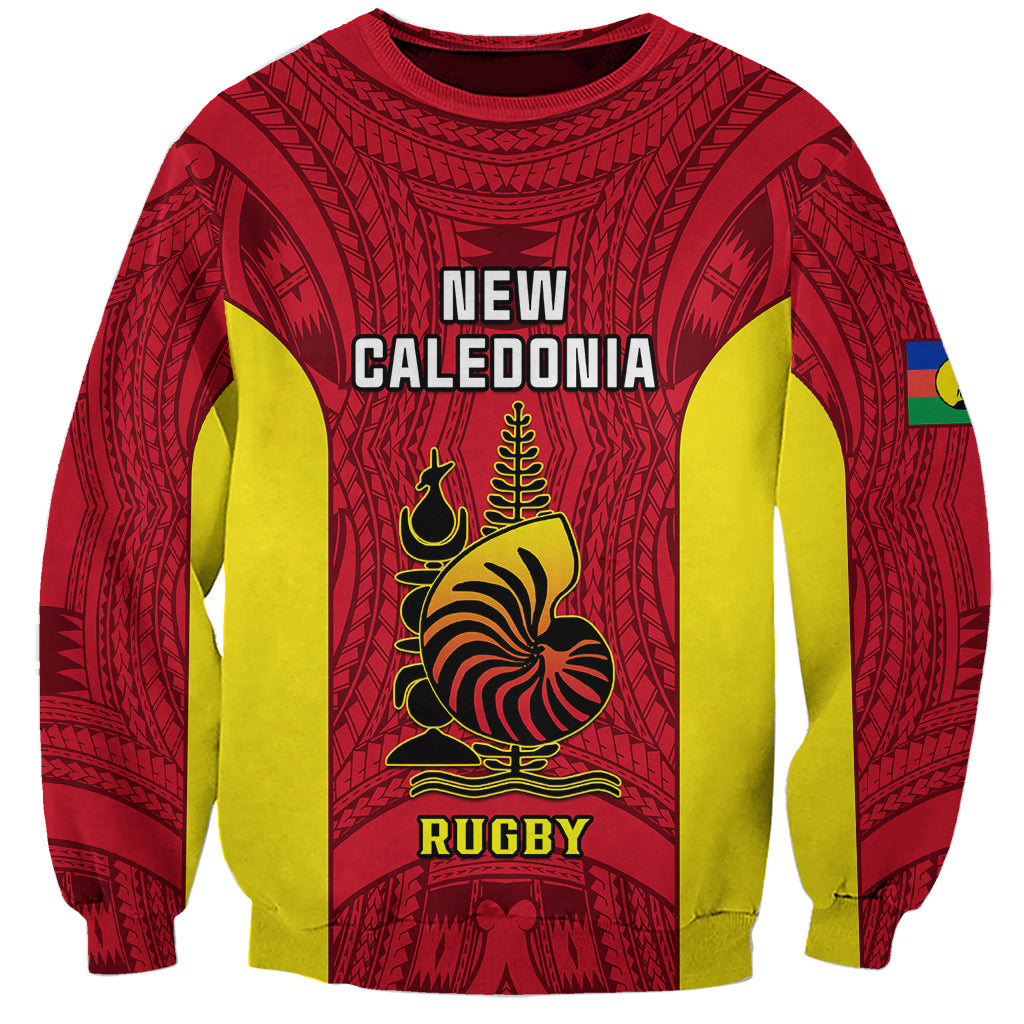 New Caledonia Rugby Sweatshirt Coat Of Arms Mix Polynesian Pattern LT14 Unisex Red - Polynesian Pride