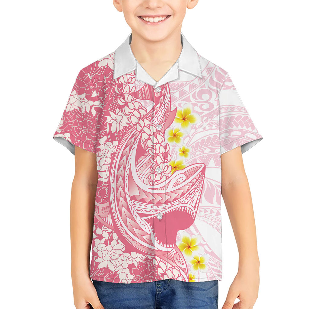 Pink Hawaii Shark Tattoo Kid Hawaiian Shirt Puakenikeni Lei Plumeria Polynesian Pattern LT14 Kid Pink - Polynesian Pride