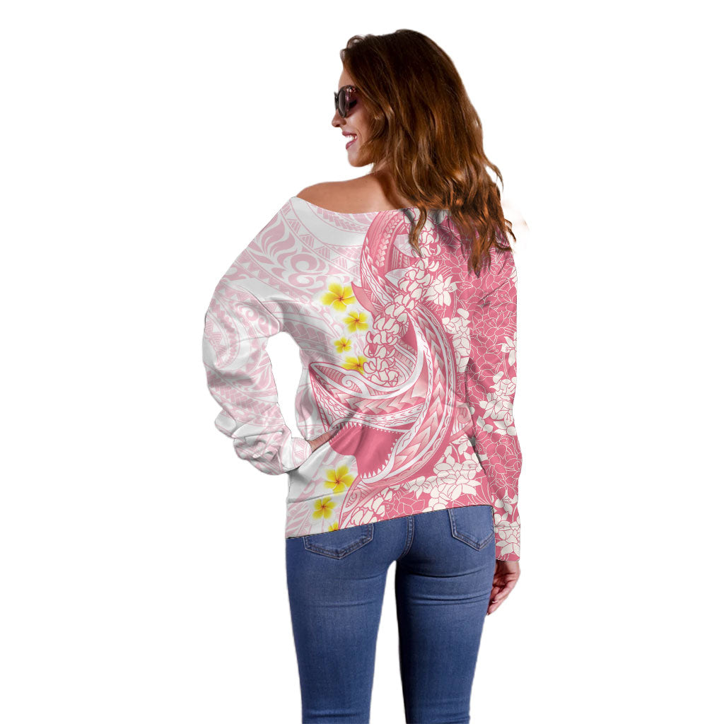 Pink Hawaii Shark Tattoo Off Shoulder Sweater Puakenikeni Lei Plumeria Polynesian Pattern LT14 - Polynesian Pride