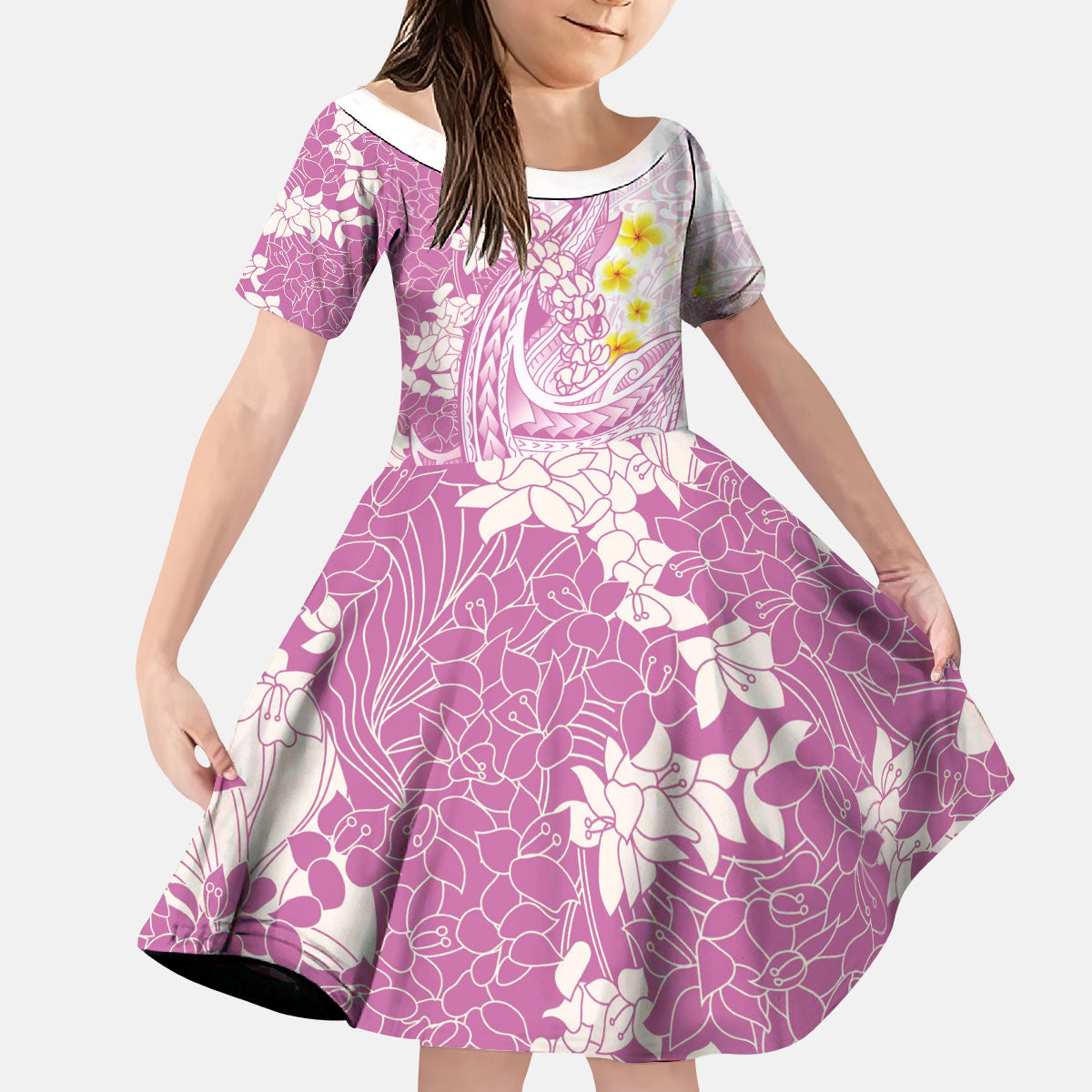 Purple Hawaii Shark Tattoo Kid Short Sleeve Dress Puakenikeni Lei Plumeria Polynesian Pattern LT14 KID Purple - Polynesian Pride