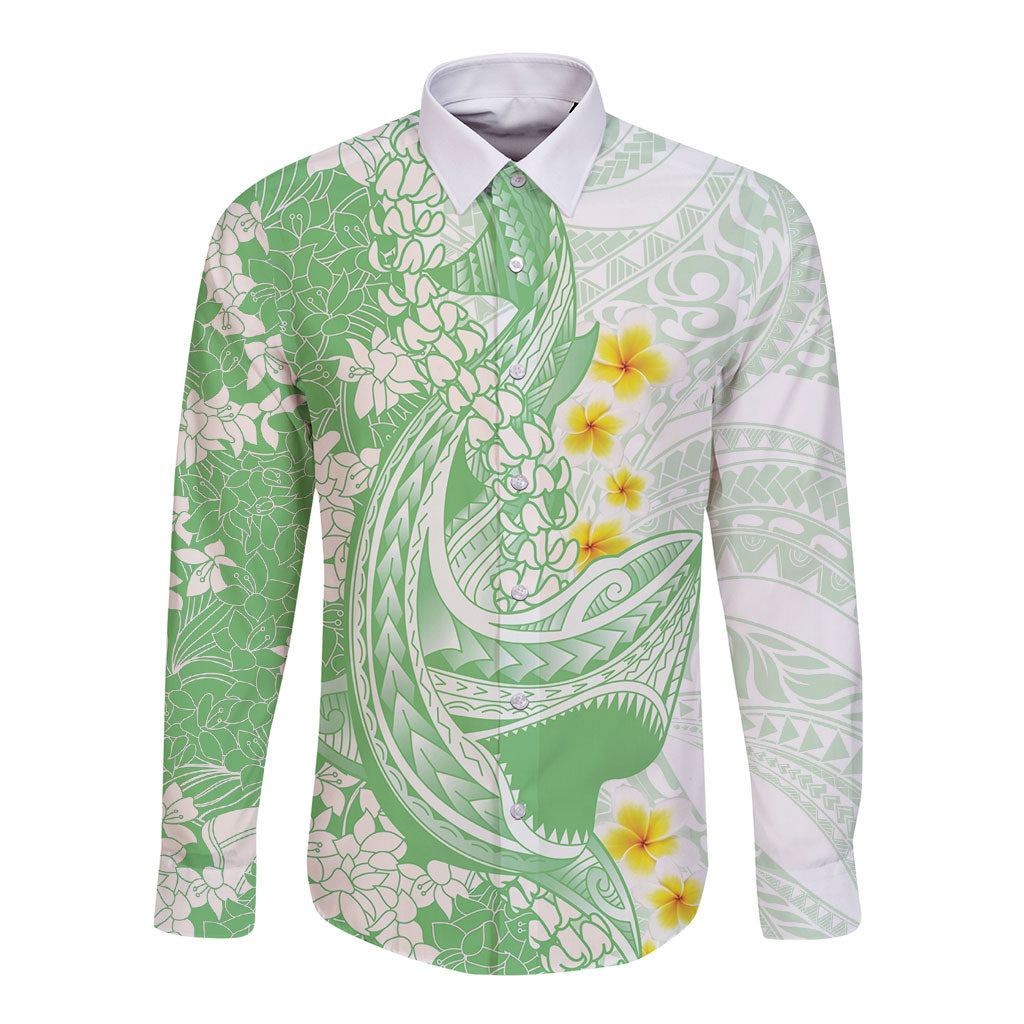 Green Hawaii Shark Tattoo Long Sleeve Button Shirt Puakenikeni Lei Plumeria Polynesian Pattern LT14 Unisex Green - Polynesian Pride