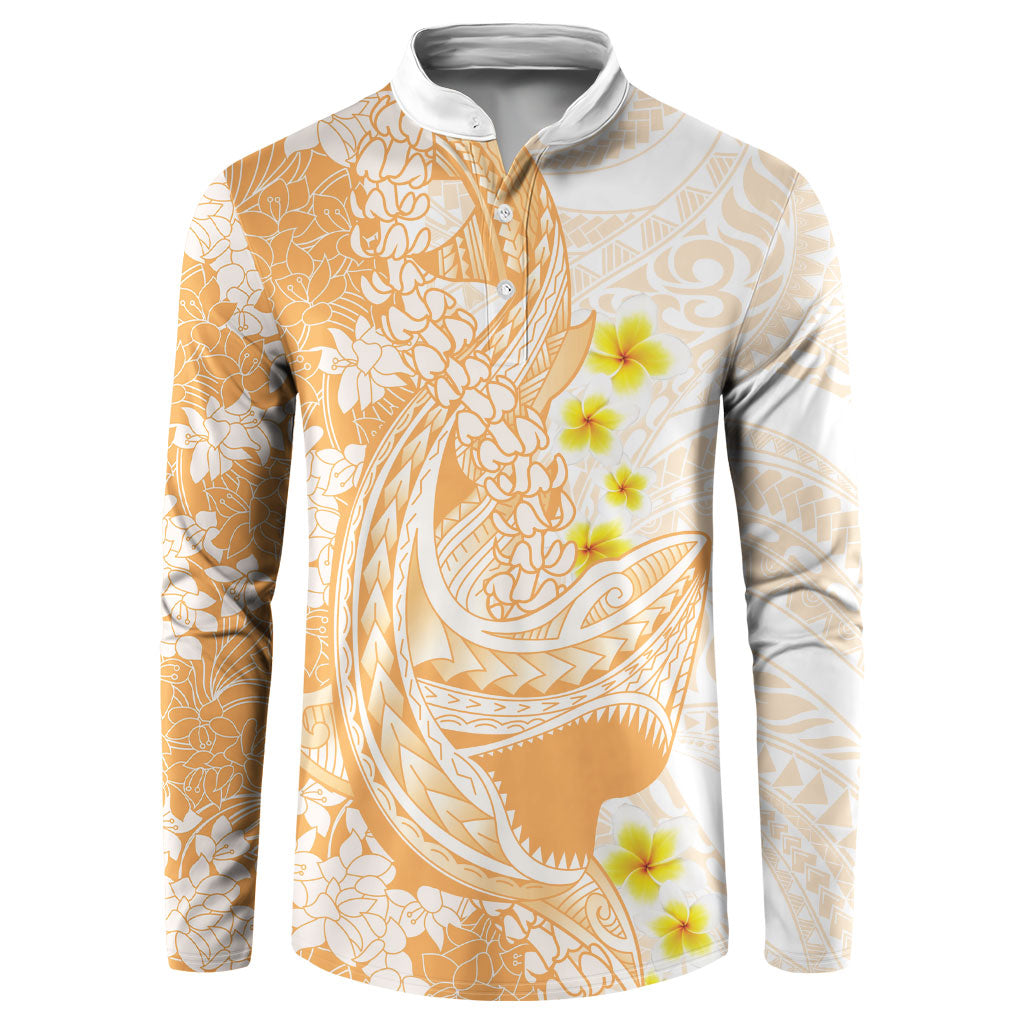 Orange Hawaii Shark Tattoo Button Sweatshirt Puakenikeni Lei Plumeria Polynesian Pattern LT14 Orange - Polynesian Pride