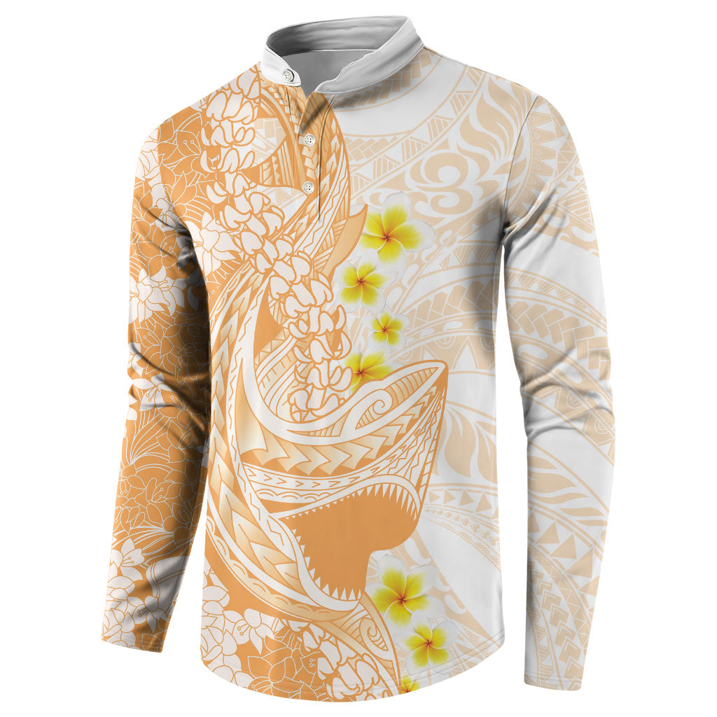 Orange Hawaii Shark Tattoo Button Sweatshirt Puakenikeni Lei Plumeria Polynesian Pattern LT14 - Polynesian Pride