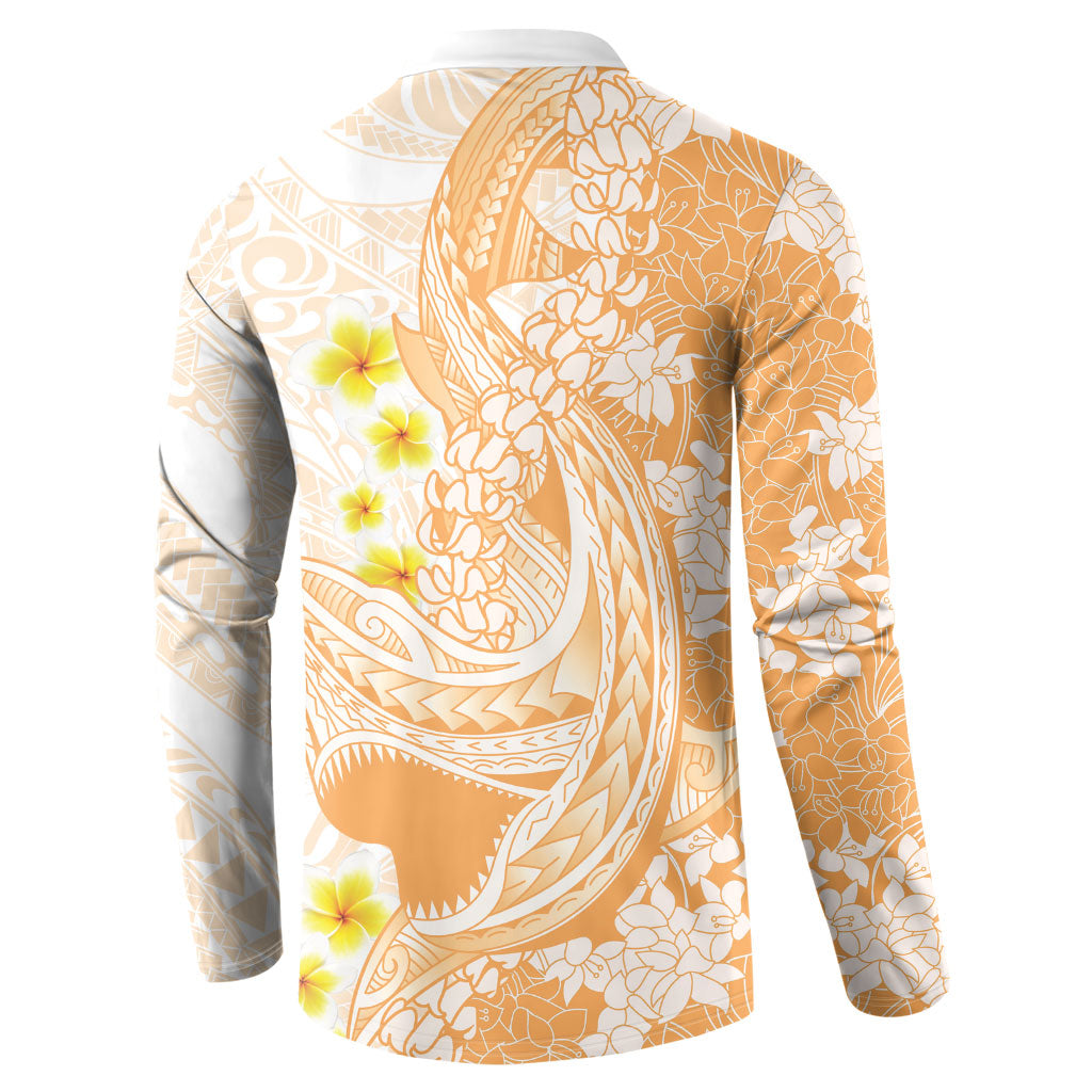 Orange Hawaii Shark Tattoo Button Sweatshirt Puakenikeni Lei Plumeria Polynesian Pattern LT14 - Polynesian Pride