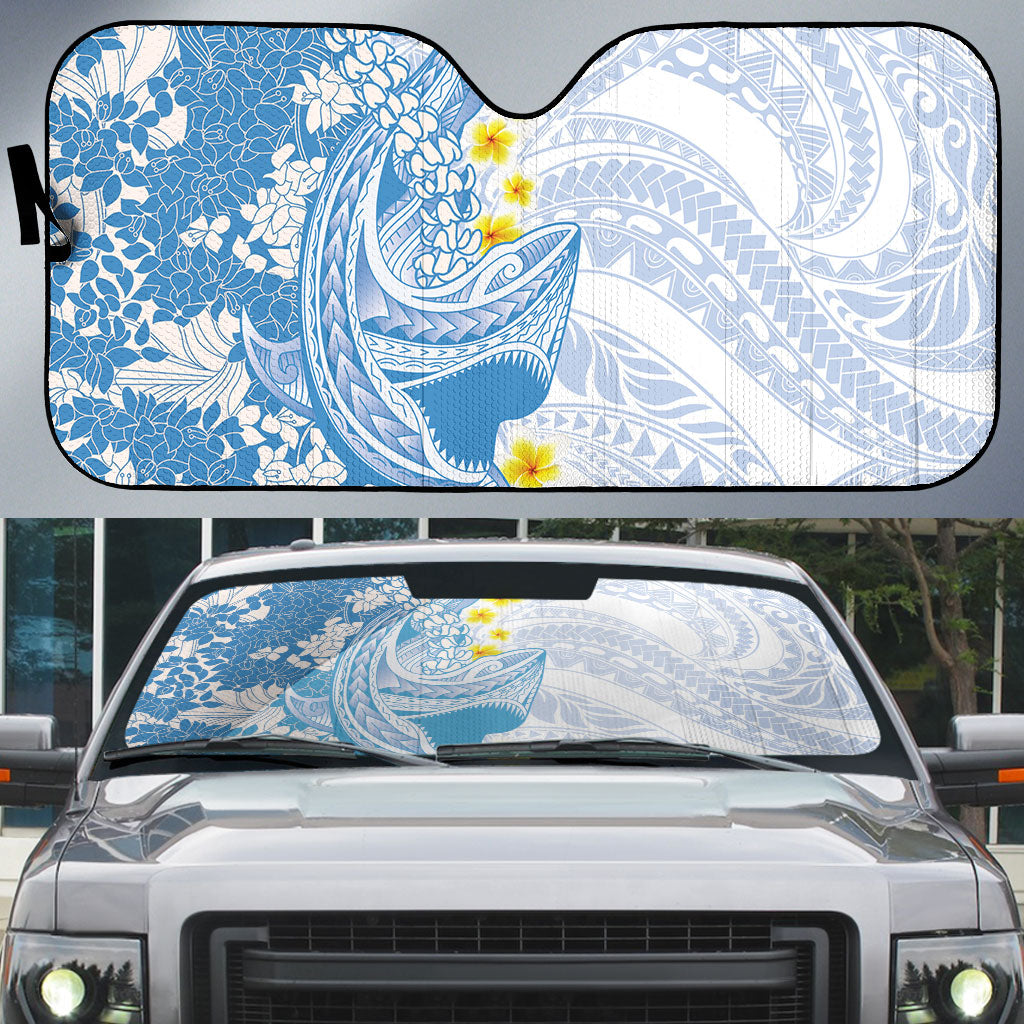 Blue Hawaii Shark Tattoo Auto Sun Shade Puakenikeni Lei Plumeria Polynesian Pattern LT14 Blue - Polynesian Pride