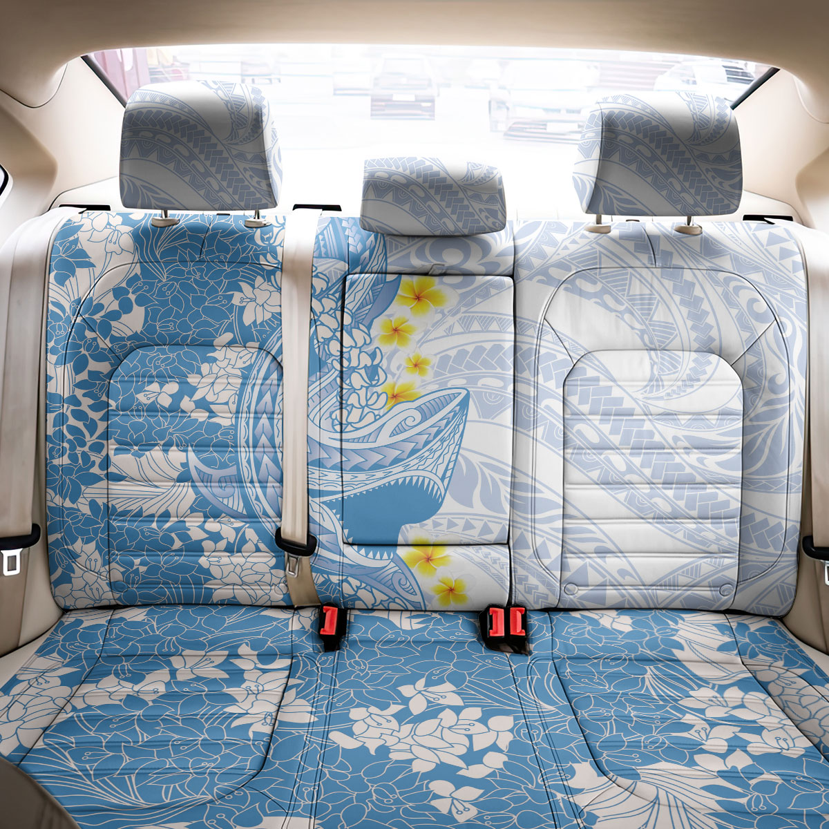 Blue Hawaii Shark Tattoo Back Car Seat Cover Puakenikeni Lei Plumeria Polynesian Pattern LT14 - Polynesian Pride