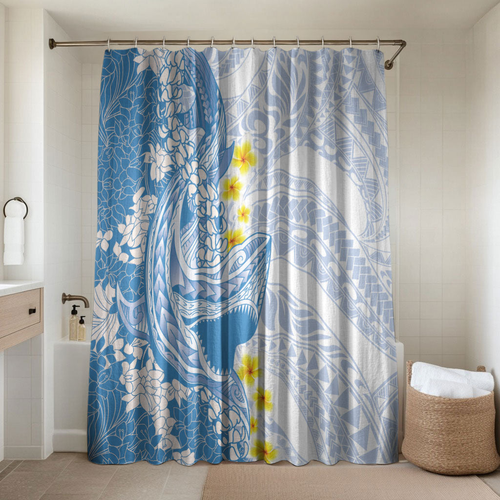 Blue Hawaii Shark Tattoo Bathroom Set Puakenikeni Lei Plumeria Polynesian Pattern LT14 Shower Curtain Only Blue - Polynesian Pride
