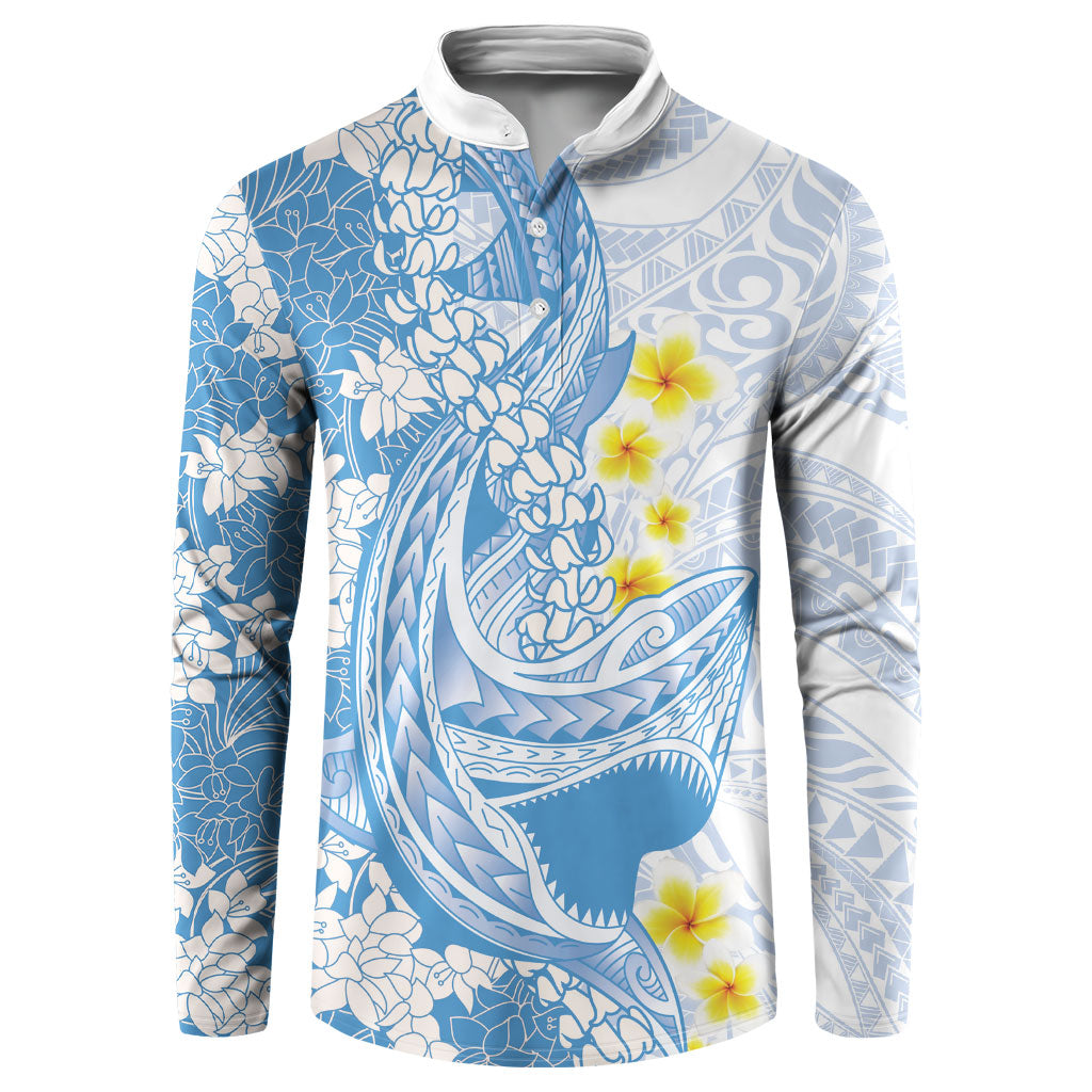 Blue Hawaii Shark Tattoo Button Sweatshirt Puakenikeni Lei Plumeria Polynesian Pattern LT14 Blue - Polynesian Pride
