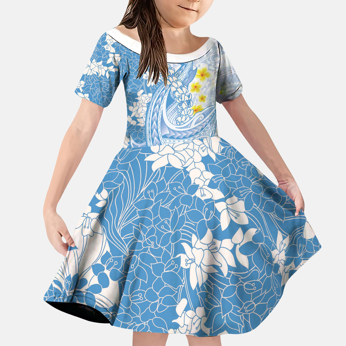 Blue Hawaii Shark Tattoo Kid Short Sleeve Dress Puakenikeni Lei Plumeria Polynesian Pattern LT14 KID Blue - Polynesian Pride