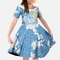 Blue Hawaii Shark Tattoo Kid Short Sleeve Dress Puakenikeni Lei Plumeria Polynesian Pattern LT14 KID Blue - Polynesian Pride