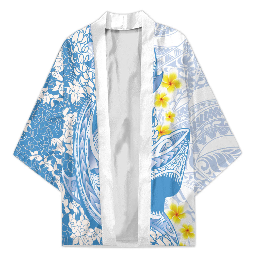 Blue Hawaii Shark Tattoo Kimono Puakenikeni Lei Plumeria Polynesian Pattern LT14 Unisex Blue - Polynesian Pride