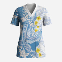 Blue Hawaii Shark Tattoo Scrub Top Puakenikeni Lei Plumeria Polynesian Pattern LT14 Adult Blue - Polynesian Pride