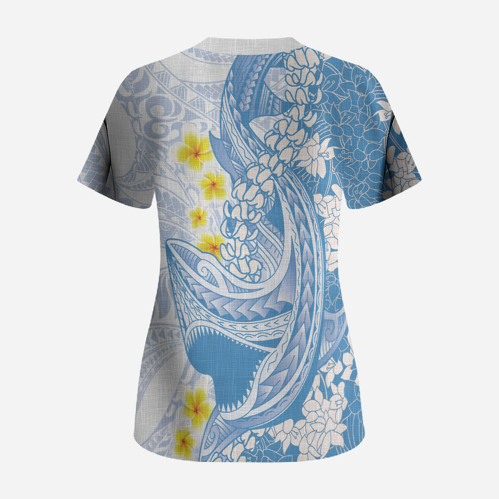 Blue Hawaii Shark Tattoo Scrub Top Puakenikeni Lei Plumeria Polynesian Pattern LT14 - Polynesian Pride
