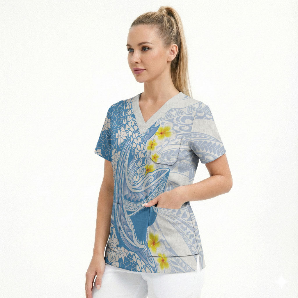 Blue Hawaii Shark Tattoo Scrub Top Puakenikeni Lei Plumeria Polynesian Pattern LT14 - Polynesian Pride