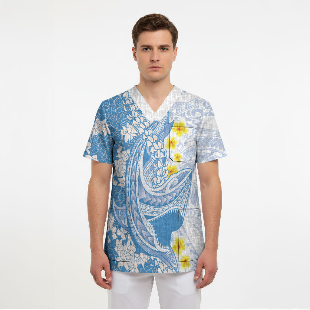 Blue Hawaii Shark Tattoo Scrub Top Puakenikeni Lei Plumeria Polynesian Pattern LT14 - Polynesian Pride