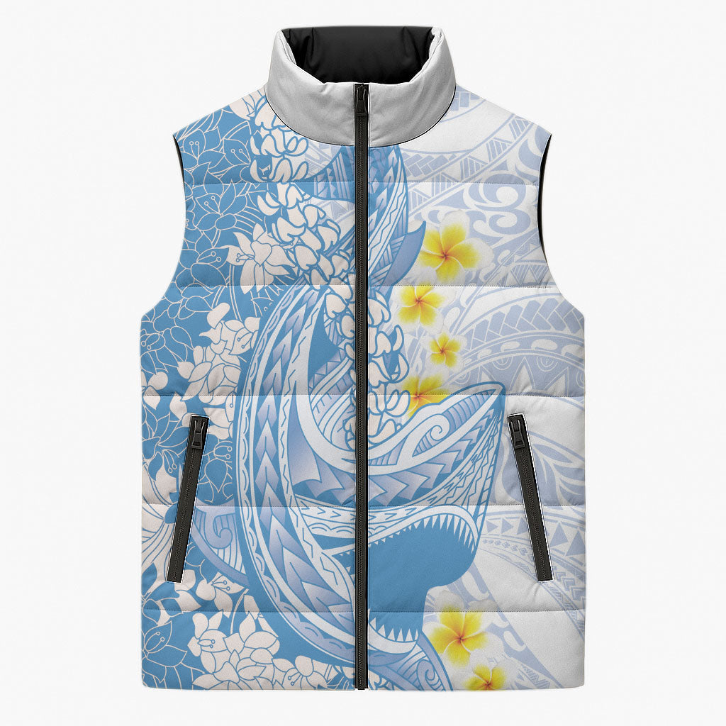 Blue Hawaii Shark Tattoo Sleeveless Puffer Jacket Puakenikeni Lei Plumeria Polynesian Pattern LT14 Unisex Blue - Polynesian Pride