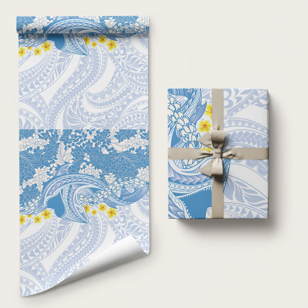 Blue Hawaii Shark Tattoo Wrapping Paper Puakenikeni Lei Plumeria Polynesian Pattern LT14 58" × 23" Blue - Polynesian Pride