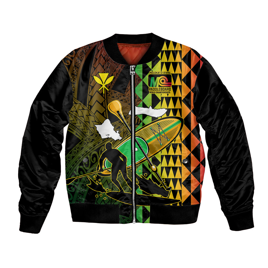 Personalised Paddle Board Hawaii Bomber Jacket Molokai 2 Oahu World Championships Kakau Pattern LT14 Unisex Black - Polynesian Pride
