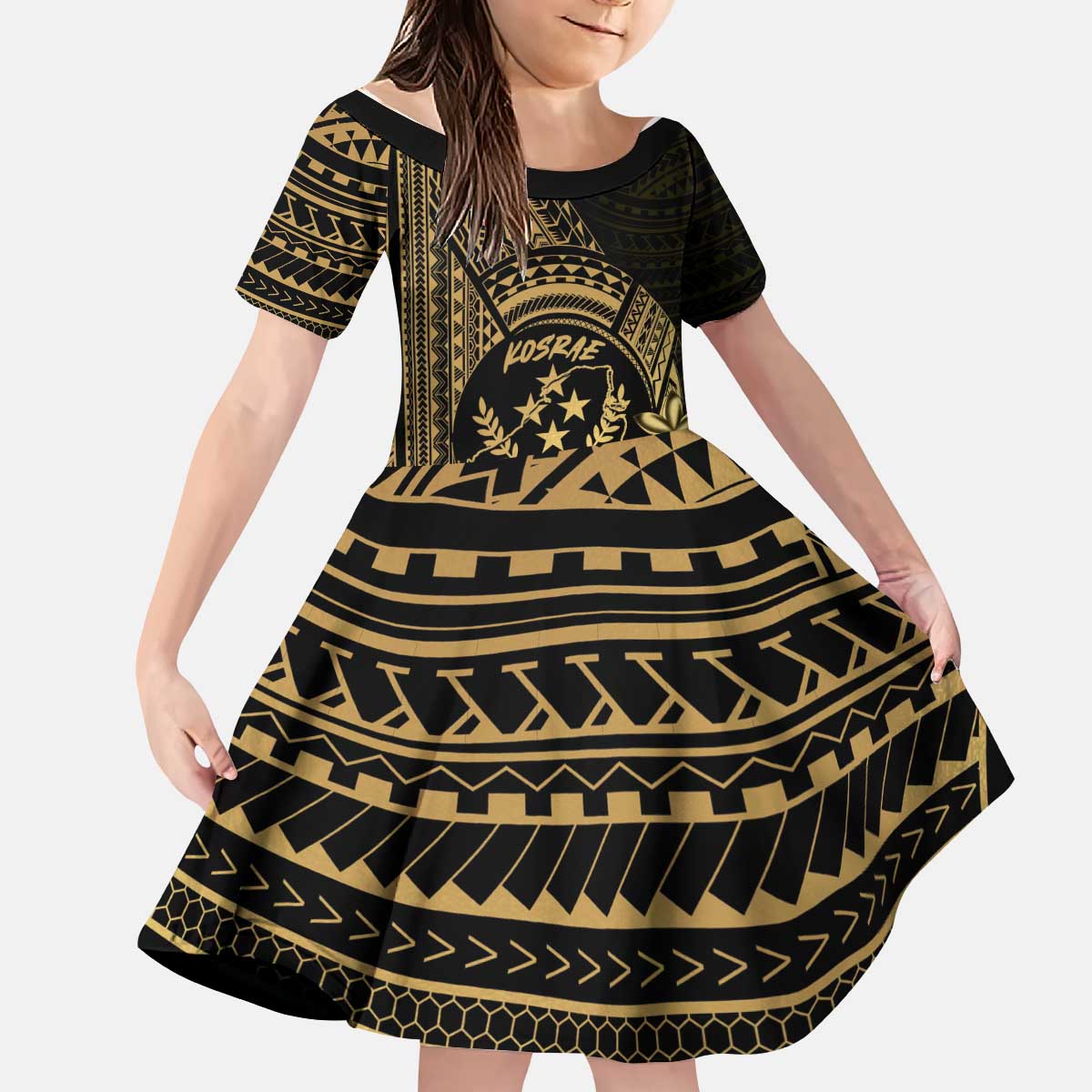 Gold Kosrae Liberation Day Kid Short Sleeve Dress September 8 Polynesian Tattoo LT14 KID Gold - Polynesian Pride